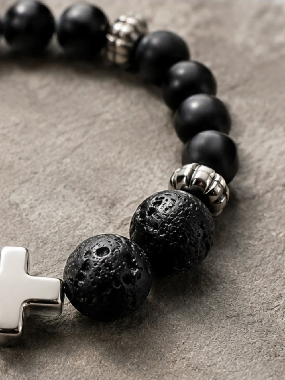 Handmade Women’s Black Lava Stone Cross Bracelet Gothic Alt.